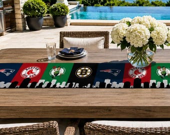 Boston Sports Table Runner – Patriots Red Sox Celtics Bruins Table Decor | Boston Tailgate Party Runner | Mancave Sports Decor
