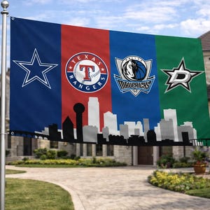 May include: A rectangular flag featuring four vertical panels in blue, red, blue, and green. Each panel displays a team logo: Dallas Cowboys star, Texas Rangers logo, Dallas Mavericks logo, and Dallas Stars logo. A black and white skyline is at the bottom.