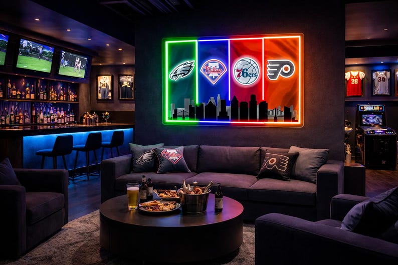May include: A rectangular neon wall sign featuring four vertical color panels in green, blue, red, and orange. The sign displays the Philadelphia Eagles, Phillies, 76ers, and Flyers logos above a black silhouette of the Philadelphia city skyline.