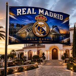 Może przedstawiać: Flaga Realu Madryt z logo drużyny i napisami "REAL MADRID" i "HALA MADRID". Flaga jest eksponowana przed domem z zachodem słońca w tle.