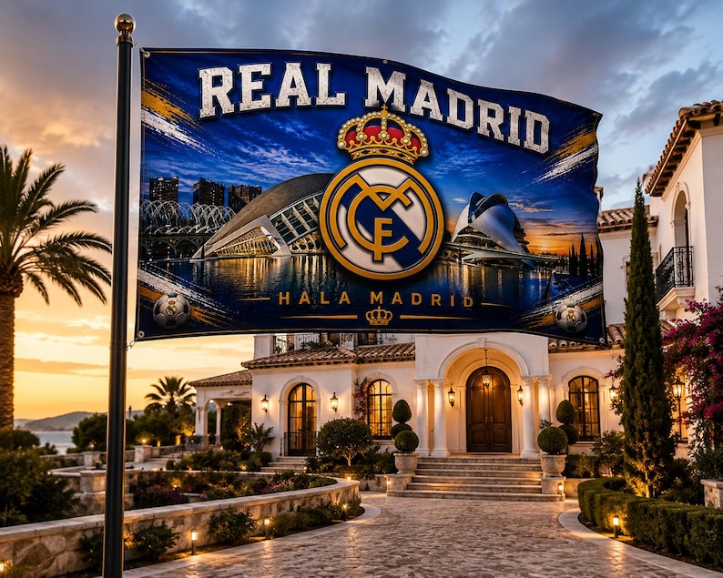 Może przedstawiać: Flaga Realu Madryt z logo drużyny i napisami "REAL MADRID" i "HALA MADRID". Flaga jest eksponowana przed domem z zachodem słońca w tle.