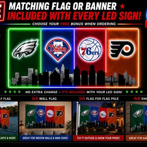 May include: A promotional graphic for an LED sign featuring the Philadelphia Eagles, Phillies, 76ers, and Flyers logos over a city skyline. It includes text about a free matching flag or banner, with examples of boat flags and wall banners.