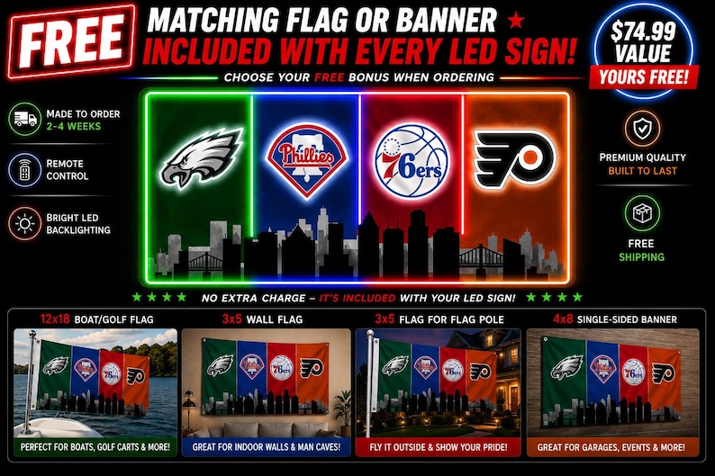 May include: A promotional graphic for an LED sign featuring the Philadelphia Eagles, Phillies, 76ers, and Flyers logos over a city skyline. It includes text about a free matching flag or banner, with examples of boat flags and wall banners.