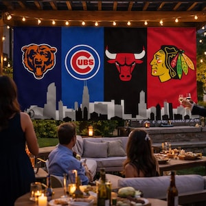 May include: An outdoor gathering with banners displaying Chicago sports team logos: Bears, Cubs, Bulls, and Blackhawks. A city skyline silhouette is at the bottom of the banners. People are socialising around a table with food and drinks.