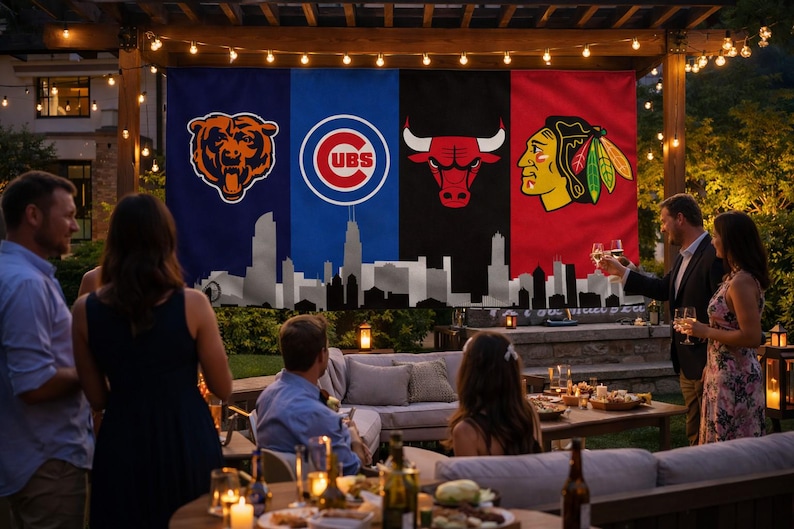May include: An outdoor gathering with banners displaying Chicago sports team logos: Bears, Cubs, Bulls, and Blackhawks. A city skyline silhouette is at the bottom of the banners. People are socialising around a table with food and drinks.
