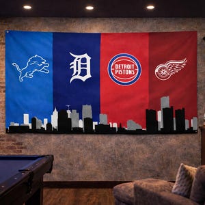 Drapeau Detroit Sports - Drapeau mural Lions Tigers Pistons Red Wings | Déco garage homme des cavernes | Cadeau pour les fans de Détroit