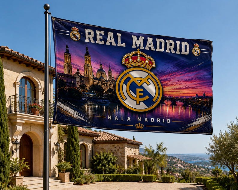 Może przedstawiać: Flaga Realu Madryt z logo drużyny oraz napisami "REAL MADRID" i "HALA MADRID" na tle zachodu słońca. Flaga przedstawia herb z koroną i krajobrazem miejskim.