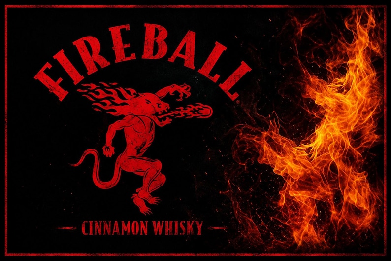 K&ouml;nnte beinhalten: Schwarzer Hintergrund mit dem roten Text &bdquo;FIREBALL&ldquo; oben und &bdquo;CINNAMON WHISKY&ldquo; unten. In der Mitte befindet sich eine rote, d&auml;monenartige Figur, aus deren Mund Flammen kommen. Auf der rechten Seite sind Flammen.