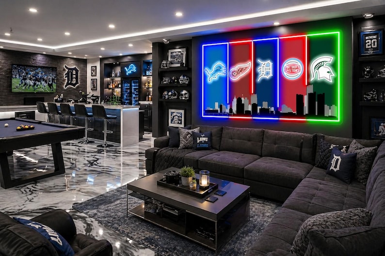 May include: A large rectangular wall art piece featuring five vertical neon-style panels in blue, red, white, red, and green. The panels display sports team logos above a black silhouette of a city skyline, mounted on a dark gray living room wall.