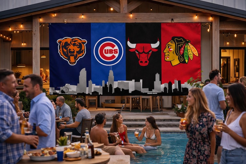May include: Four large banners displaying Chicago sports team logos: Bears, Cubs, Bulls, and Blackhawks. A Chicago skyline silhouette is at the base of the banners. People are socialising around a pool and tables, with drinks and food.