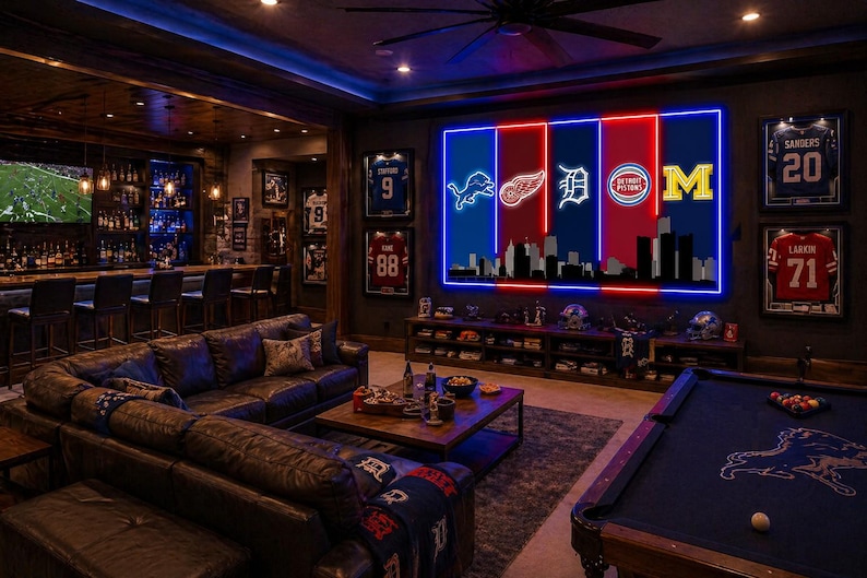 May include: A large rectangular wall art piece featuring five vertical illuminated panels with neon-style logos for the Detroit Lions, Red Wings, Tigers, Pistons, and the University of Michigan, set above a dark silhouette of the Detroit city skyline.