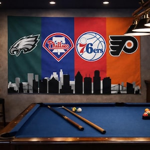 Philadelphia Sports Flag – Eagles Phillies 76ers Flyers Wall Flag | Mancave Garage Decor | Philly Fan Gift