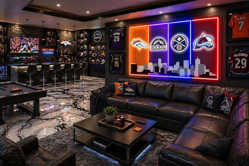 May include: A large rectangular wall-mounted neon sign featuring the logos of the Denver Broncos, Colorado Rockies, Denver Nuggets, and Colorado Avalanche above a white city skyline silhouette, set against a dark wall in a finished basement.