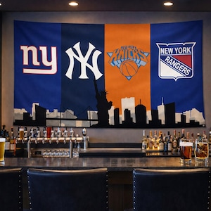 New York Sports Flag – Yankees Knicks Giants Rangers Wall Flag | Mancave Garage Decor | New York Fan Gift