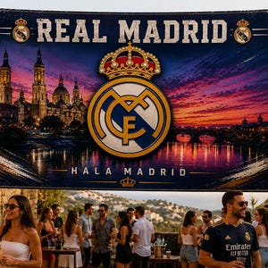 Może przedstawiać: Baner Realu Madryt z logo drużyny i napisami "REAL MADRID" oraz "HALA MADRID" na tle zachodu słońca. Baner jest wyświetlany na zewnątrz, z ludźmi na pierwszym planie.