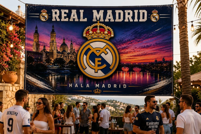 Może przedstawiać: Baner Realu Madryt z logo drużyny i napisami "REAL MADRID" oraz "HALA MADRID" na tle zachodu słońca. Baner jest wyświetlany na zewnątrz, z ludźmi na pierwszym planie.