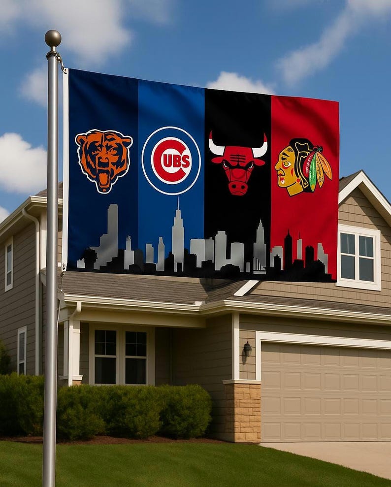May include: A rectangular flag displaying the logos of the Chicago Bears, Chicago Cubs, Chicago Bulls, and Chicago Blackhawks. The flag is split into four vertical sections of blue, blue, black, and red, with a Chicago skyline silhouette at the base.