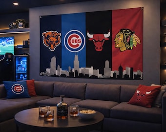 Flaga sportowa Chicago – flaga ścienna Bears Cubs Bulls Blackhawks | Dekoracja garażu Mancave | Prezent dla kibica Chicago