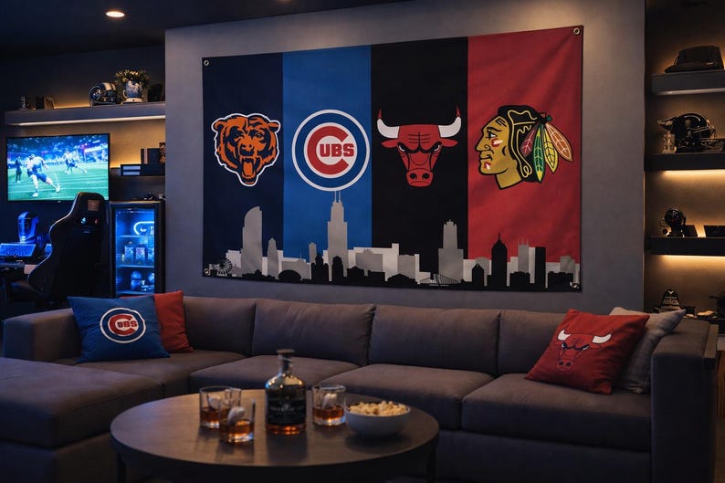 May include: A large wall flag displaying the logos of the Chicago Bears, Cubs, Bulls, and Blackhawks, with a Chicago skyline silhouette. The flag hangs above a grey sectional sofa with matching throw cushions. A round coffee table holds drinks and snacks.