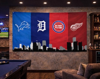 Flaga Detroit Sports – bardzo gruba, dwustronna flaga ścienna Lions Tigers Pistons Red Wings | Dekoracja garażu Mancave | Prezent dla kibica Detroit
