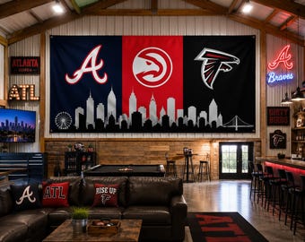 Bandera de los Atlanta Braves, Hawks y Falcons, bandera del horizonte de Atlanta, decoración deportiva de Atlanta, bandera para la cueva del hombre, pancarta para el garaje