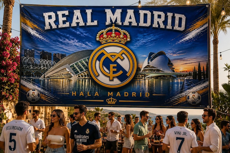 Może przedstawiać: Duży baner z napisem "REAL MADRID" białymi literami i herbem Realu Madryt. Tło jest niebieskie z krajobrazem miejskim i napisem "HALA MADRID". Ludzie gromadzą się przed banerem.