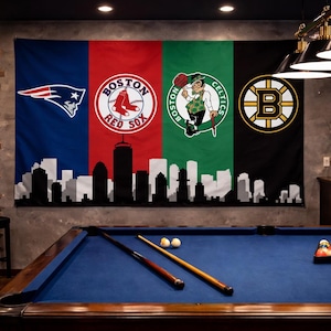 Boston New England Sports Flag – Patriots Red Sox Celtics Bruins Wall Flag | Mancave Garage Decor | Boston Fan Gift