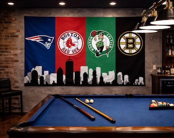 Bandera deportiva de Boston, Nueva Inglaterra: Patriots, Red Sox, Celtics, Bruins, bandera de pared / Decoración para el garaje / Regalo para fanáticos de Boston