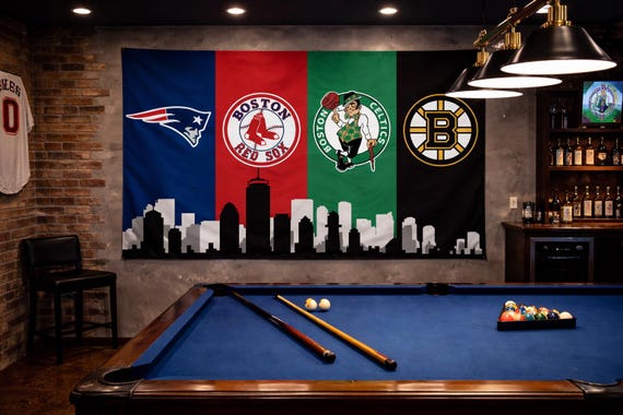 Boston New England Sports Flag – Patriots Red Sox Celtics Bruins Wall Flag | Mancave Garage Decor | Boston Fan Gift