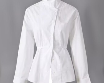 Blusa elegante con espalda descubierta blanca para mujer, talla grande, nueva moda, cuello alto, camisa de manga larga, primavera otoño 2026