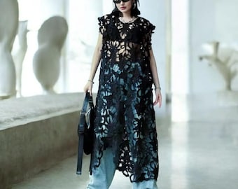 Plus Size Black Lace Dress, Sleeveless Hollow Out Party Outfit