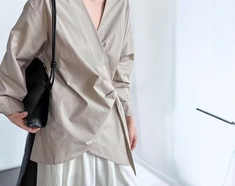 Black Irregular V-Neck Blouse | Elegant Long Sleeve Bandage Top for Women