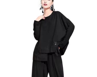 Red Oversized T-Shirt: Women's Long Sleeve Irregular Split Hem Top