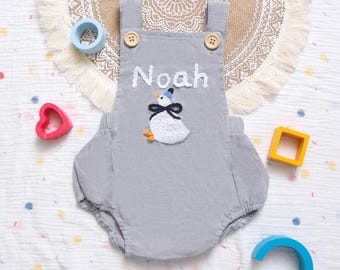 Baby Name Romper,Custom Baby Boy Onesie,Linen Romper Baby,Goose Birthday Romper,Summer Baby Outfit,Hand Knitted Baby Romper with Name Unisex