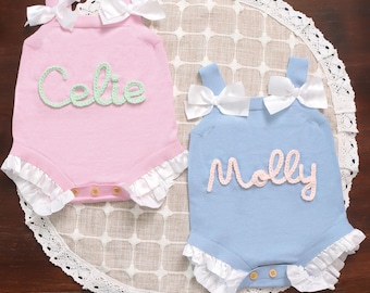 Personalized Baby Romper Girl,Hand Embroidered Knitted Baby Romper with Name,Pink Baby Onesie, One Birthday Outfit,Custom Gift for Baby Girl
