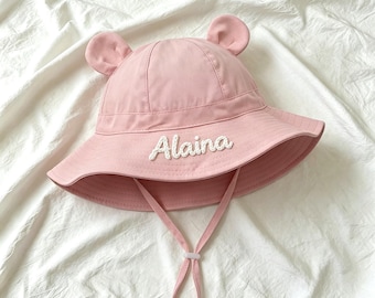 Personalized Baby Hat with Bear Ears, Toddler Summer Hat, Custom Name Kids Hat, Baby Sun Hat, Baby Fisherman's Hat, Beach Bucket Hat