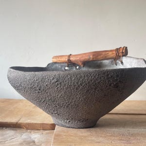 Wabi Sabi Ceramic Pedestal Bowl: Handmade Stoneware with Driftwood Handle