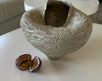 Large Handbuilt Ceramic Vase, Unglazed Natural Clay, Japandi Wabi Sabi Decor