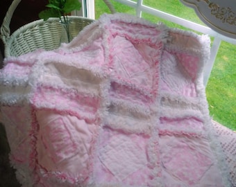 Shabby chic pink and white homemade patchwork rag quilt throw blanket, Cottagecore, farmhouse bedding