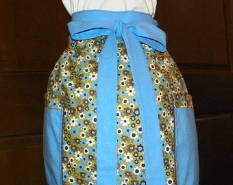 Waist Apron 26 in Long Multi Color Flowers Blue Navy Brown and White Handmade for Kitchen Cooking Craft Hostess Activities