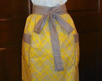 Vivid 28 inch Extra Long Waist Apron Damask Yellow and Gray Handmade for Cooking Cleaning Craft Activities Clothes Protector