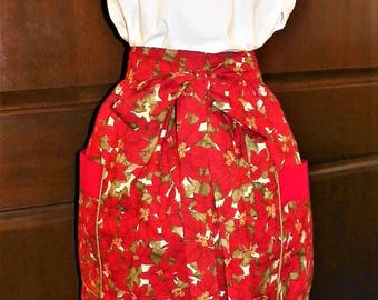 Festive 28 inch Extra Long Waist Apron Packed Pointsettias Handmade for Cooking Cleaning Craft Activities Clothes Protector Nanasaprons