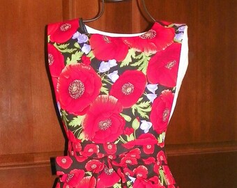 Retro Style Double Skirt Apron Large Poppies Trimmed with Tossed Poppies Handmade for Kitchen Cooking Cleaning Craft Activities Nanasaprons