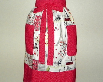 Extra Long Waist Apron Red Carts in Paris Handmade for Cooking Cleaning Hostess Craft Activities Making an Excellent Clothing Protector