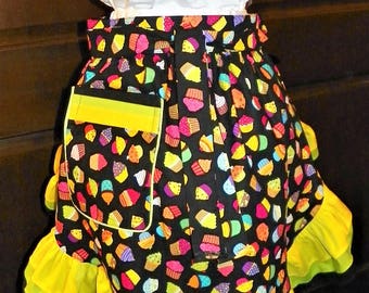 Fun, Flirty, Sassy Hostess Waist Apron 23 In Tossed Cupcakes by Nanasaprons Handmade for Fun Cooking Baking Activities