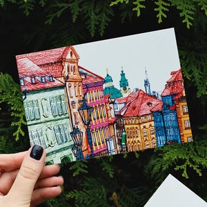Colorful Prague Postcard - A6 Hand Drawn City Sketch - Rooftop Street View Travel Postcard from Prague