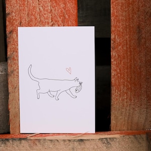 Minimalist Cat with Fish Art Print – A6 Black and White Illustration on 300gsm Paper | Postcard, Mini Print, or Greeting Card