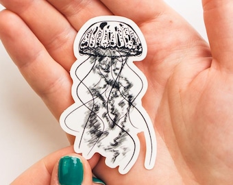 Jellyfish Vinyl Sticker – Black & White Sea Creature – Waterproof and Glossy – Dishwasher-Safe
