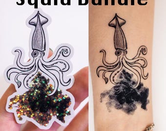 Set de pegatinas de calamar y tatuajes temporales: vinilo brillante + arte de criaturas marinas para llevar, paquete impermeable