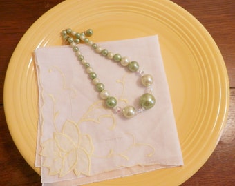 Vintage Faux Pearl and Crystal Necklace - Green Pearl Vintage Choker Necklace